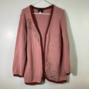 Womens Bob Mackie‎ Wearable Art Open Cardigan Sweater Embroidered Pink XL